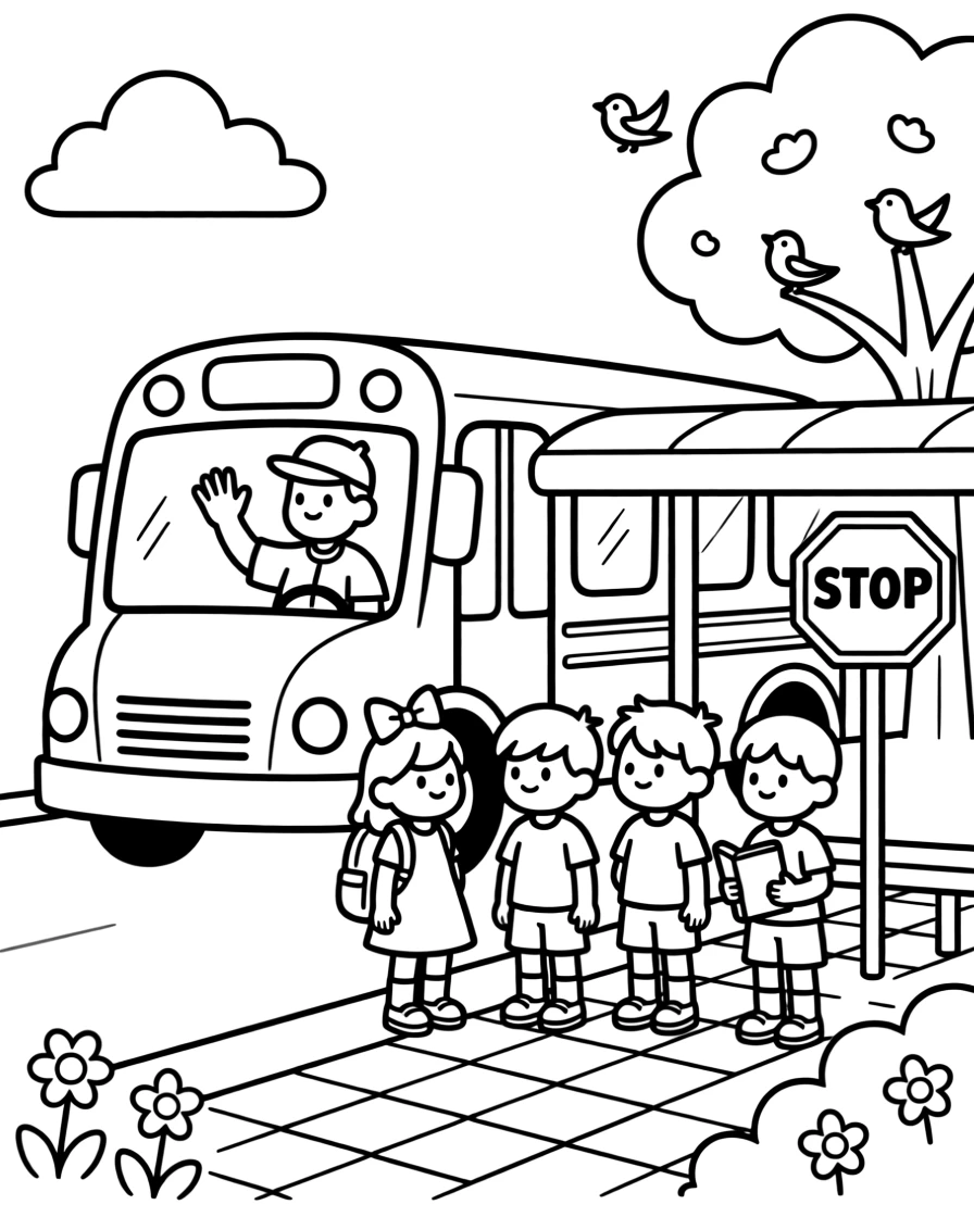 A cheerful school bus picking up children at a bus stop