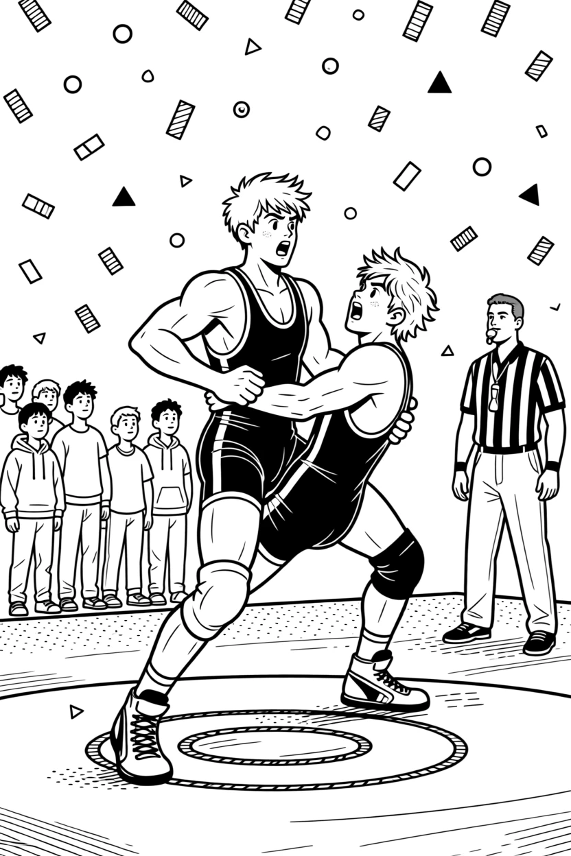 A wrestler mid-takedown on the mat, with confetti raining down after the winning moment.