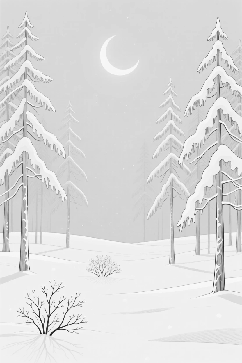 A snowy forest clearing lit by moonlight