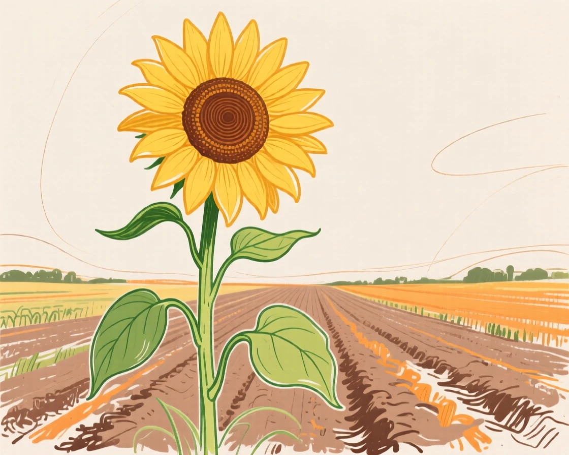 A single sunflower standing tall in a farm field.