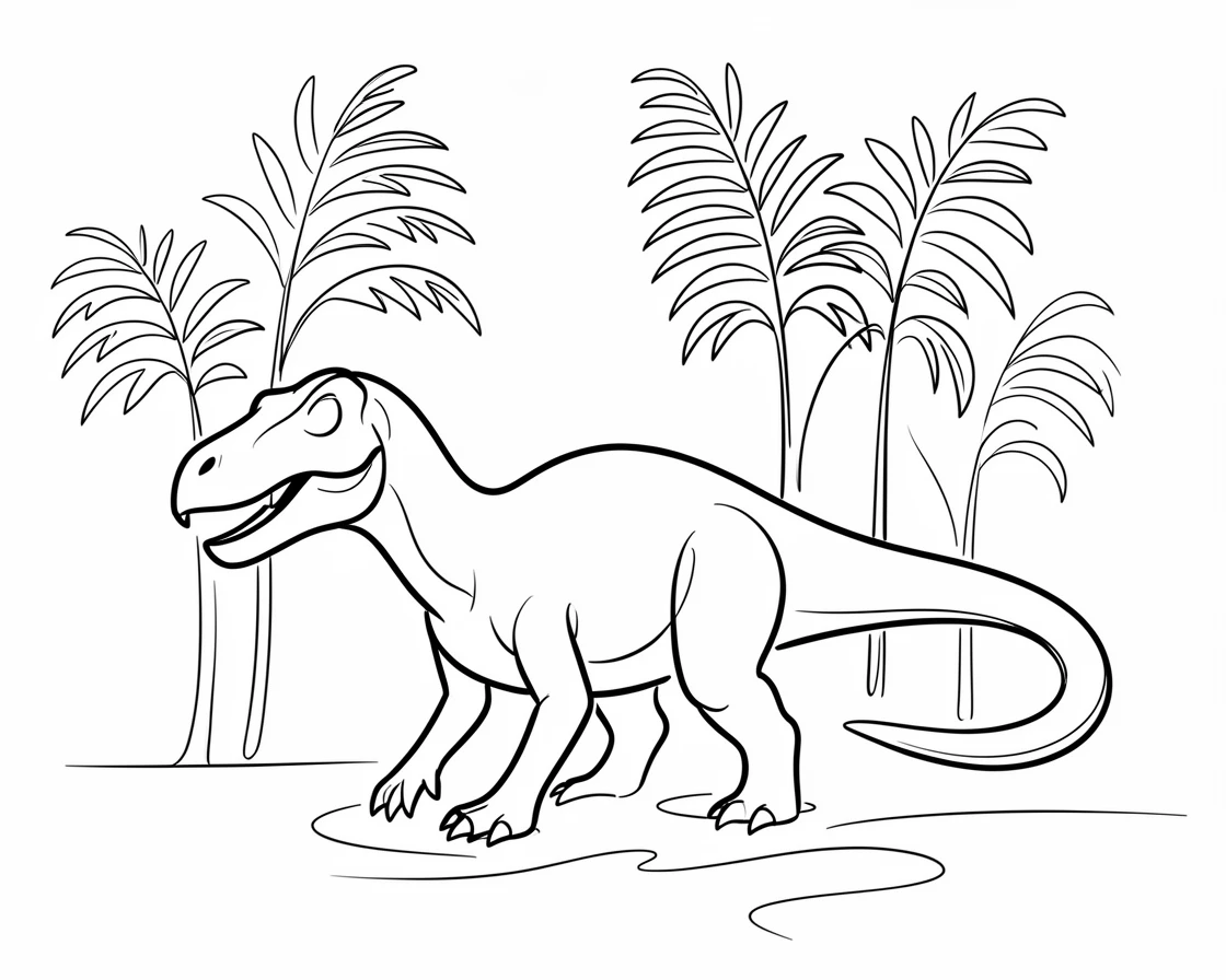 A Giganotosaurus wading through a river beneath towering ferns