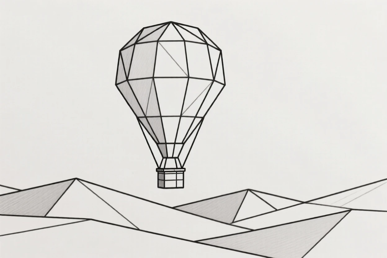 A hot air balloon floating above a rolling landscape