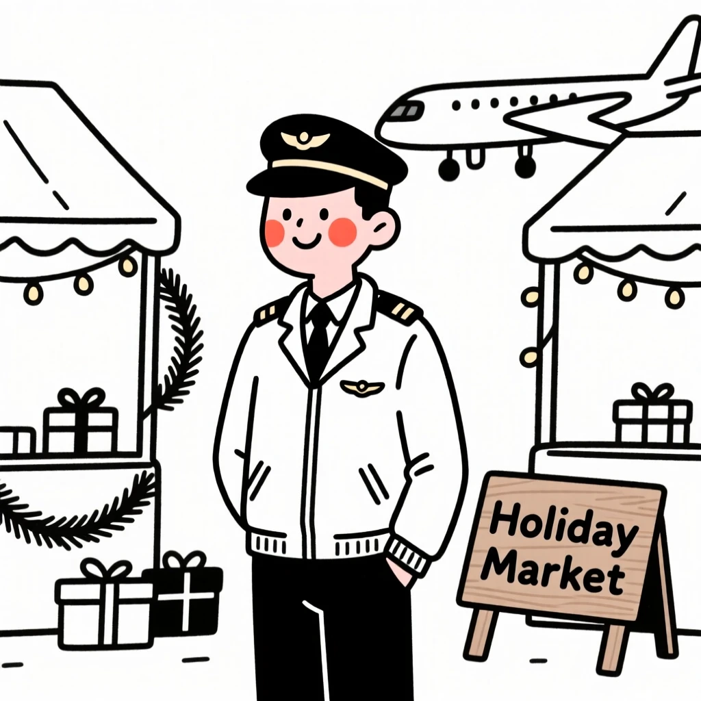 A pilot before takeoff, smiling shyly, at a bustling holiday market.