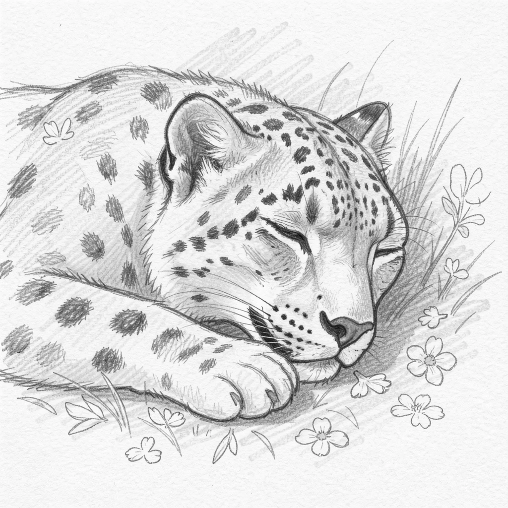 An adorable close-up of a majestic snow leopard napping in a patch of warm sunlight, among scattered wildflower petals.
