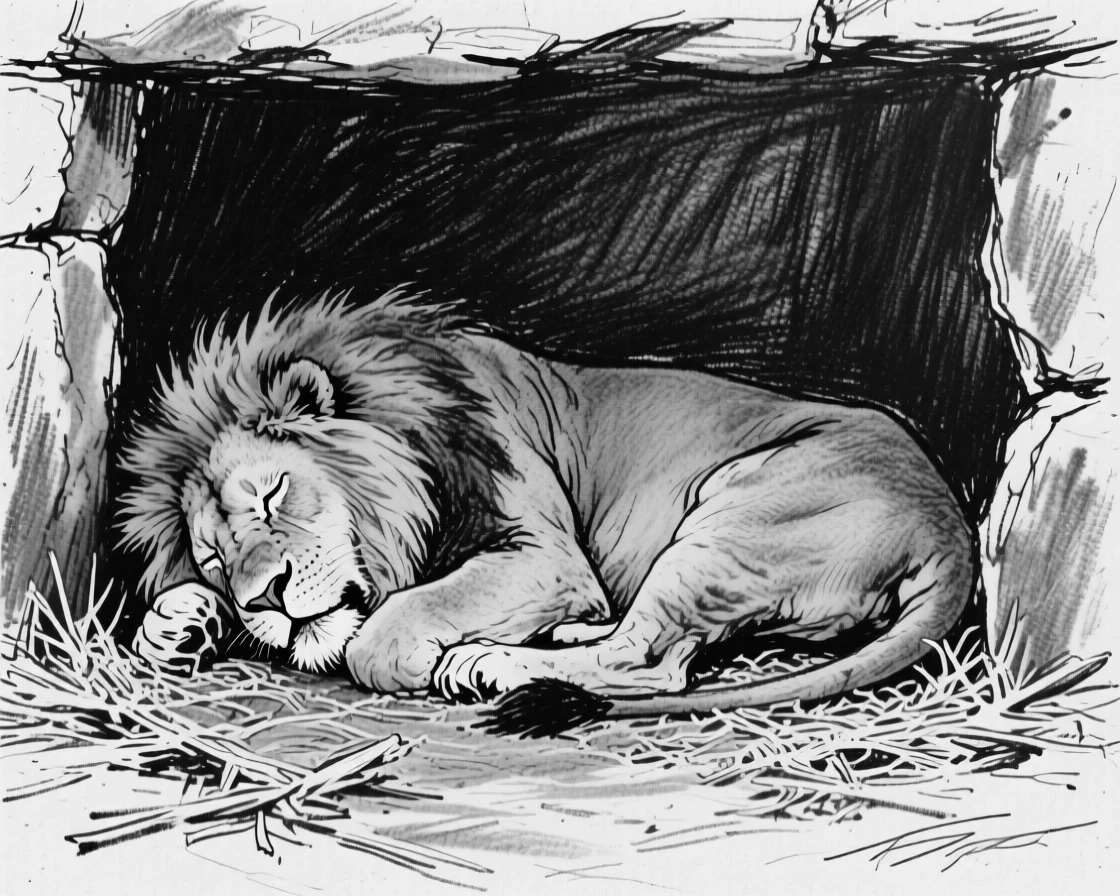 A pride of lions curled up asleep in a cozy den.