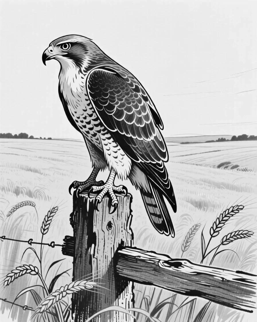 A hawk perched on a fence post scanning a golden wheat field.