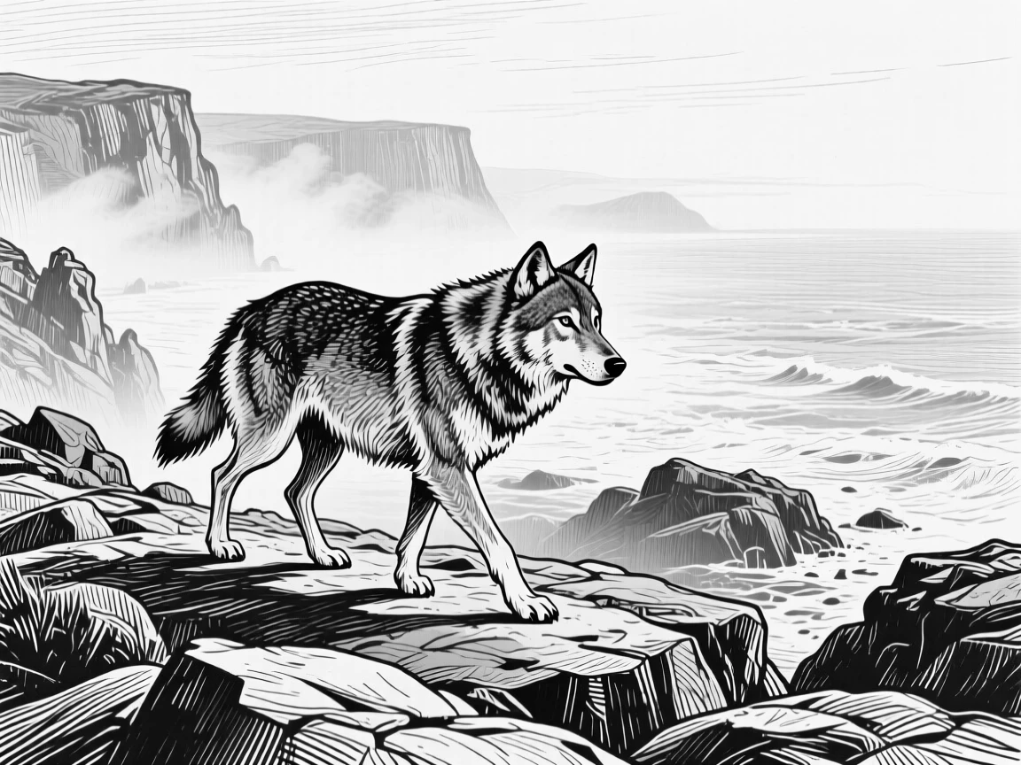 A wandering wolf along a rocky coastline, against a backdrop of drifting mist, capturing a serene and majestic moment in nature with a strong, centered focal point.