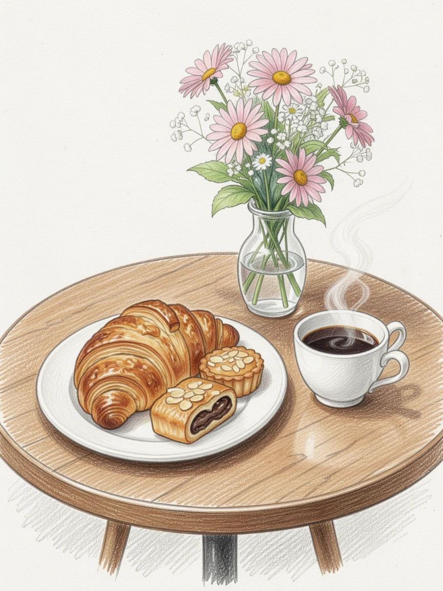 A plate of pastries and coffee at a charming Parisian cafe table, set beside a small vase of fresh flowers, evoking comfort, warmth, and the simple pleasure of good food.