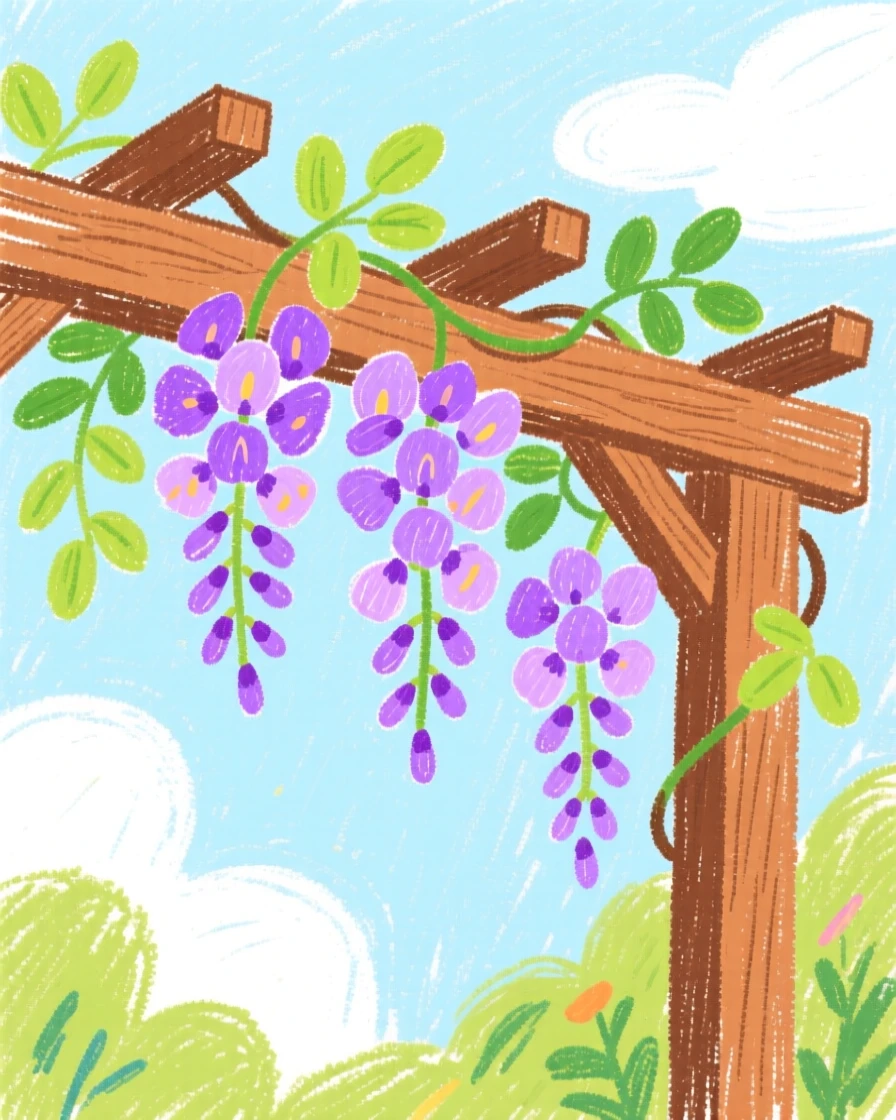 Wisteria vines cascading over a wooden garden arbor.
