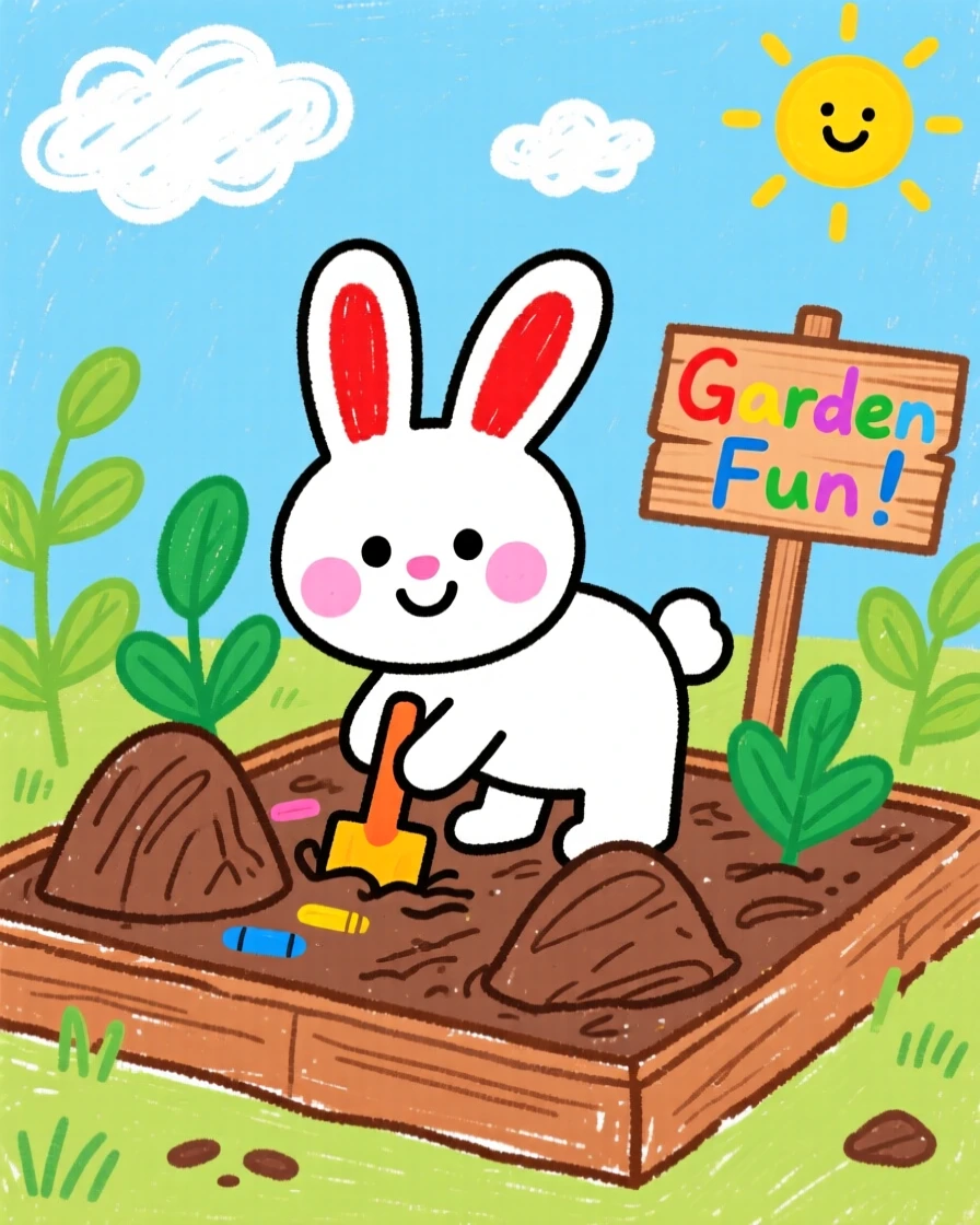 A small white rabbit digging happily in a garden bed.