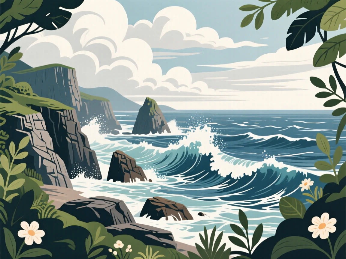 A rugged coastline battered by powerful ocean waves, beneath a canopy of drifting clouds, composed with soft natural framing from surrounding foliage, with delicate textures visible in every leaf and petal.
