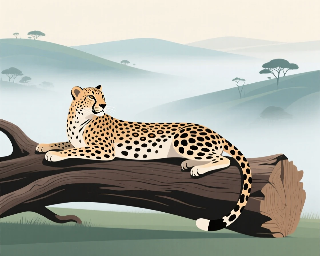 A majestic cheetah resting on a fallen log overlooking the misty valley.