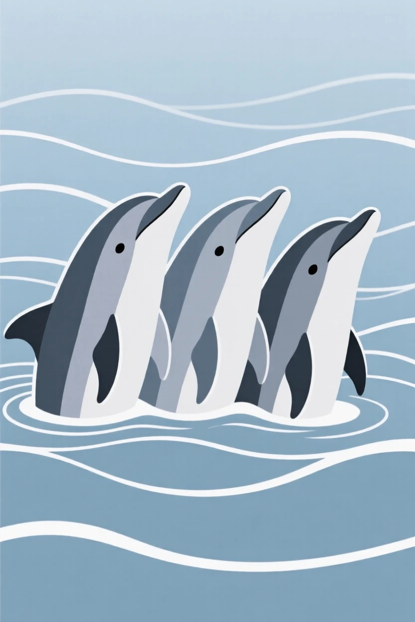 A close-up view of a dolphin pod pausing to look around, surrounded by gentle ocean waves, full of quiet tenderness.