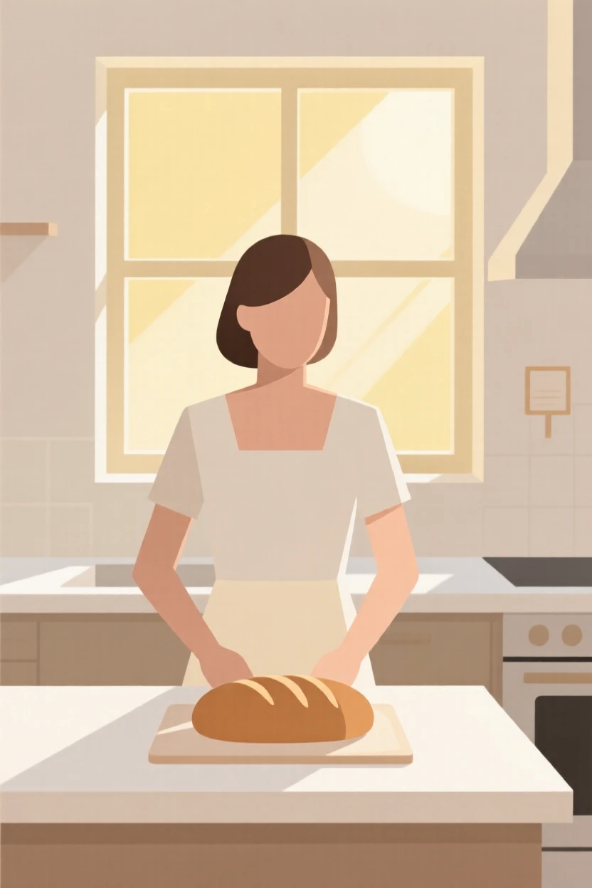 A woman baking bread in a sunlit kitchen