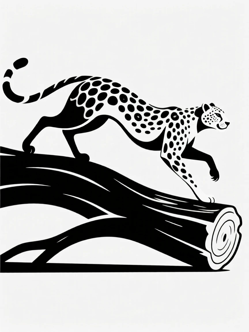 A cheetah mid-sprint perched on a fallen log.