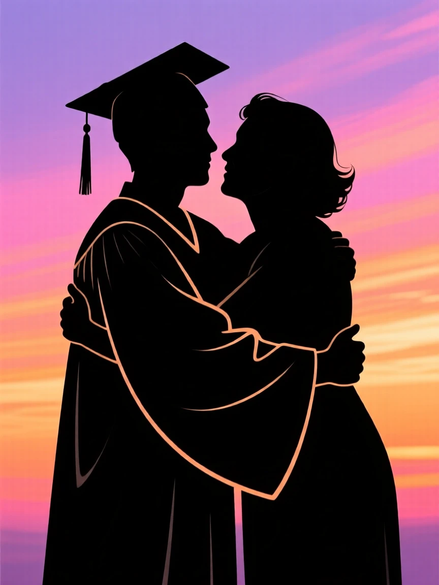 A graduate in cap and gown wrapped in a tight hug by a proud parent.