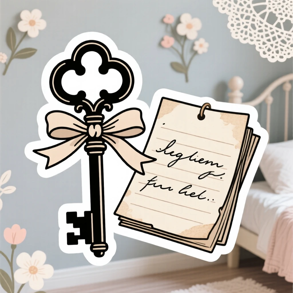 A charming antique key on a ribbon, sitting next to a stack of handwritten notes, inside a softly decorated bedroom.