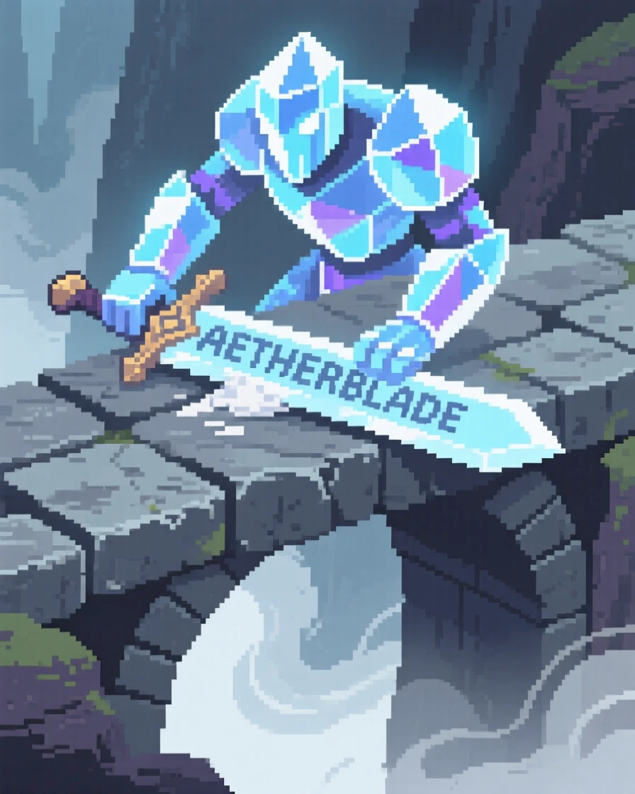 A crystal golem glowing from within polishing a legendary sword on a stone, on a stone bridge over a misty ravine.