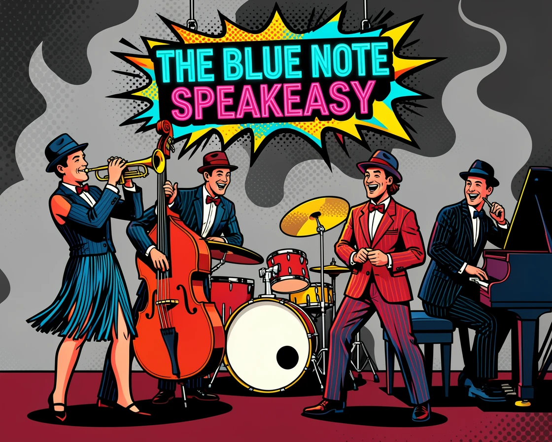 A 1920s jazz band performing in a smoky speakeasy