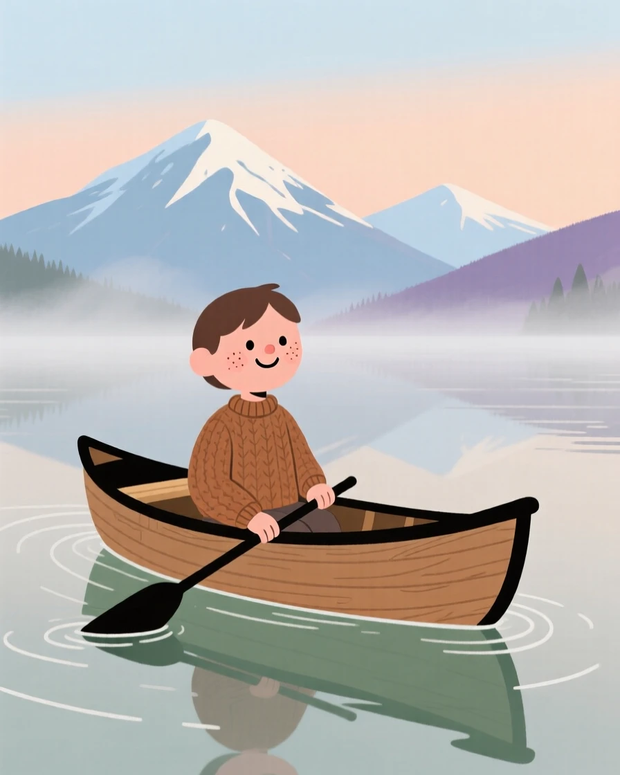 A lone canoe drifts across a still mountain lake as soft morning mist stretches across the surface and snow-capped peaks rise in the distance.