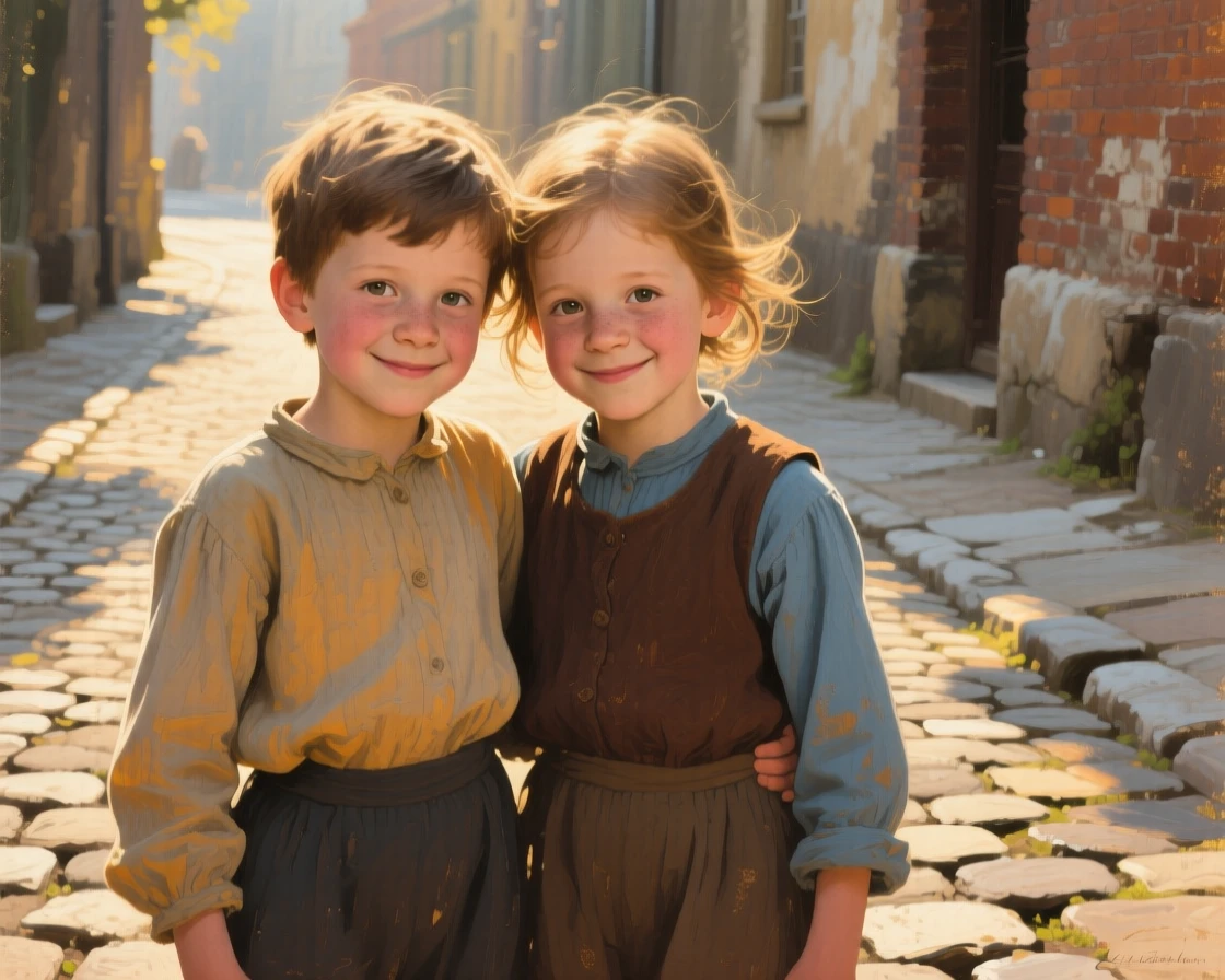 An intimate close-up of a pair of childhood friends on a cobblestone street, glowing with pride, in late afternoon.