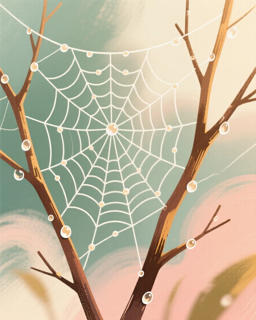 A close-up of a single dew-covered spiderweb between two branches