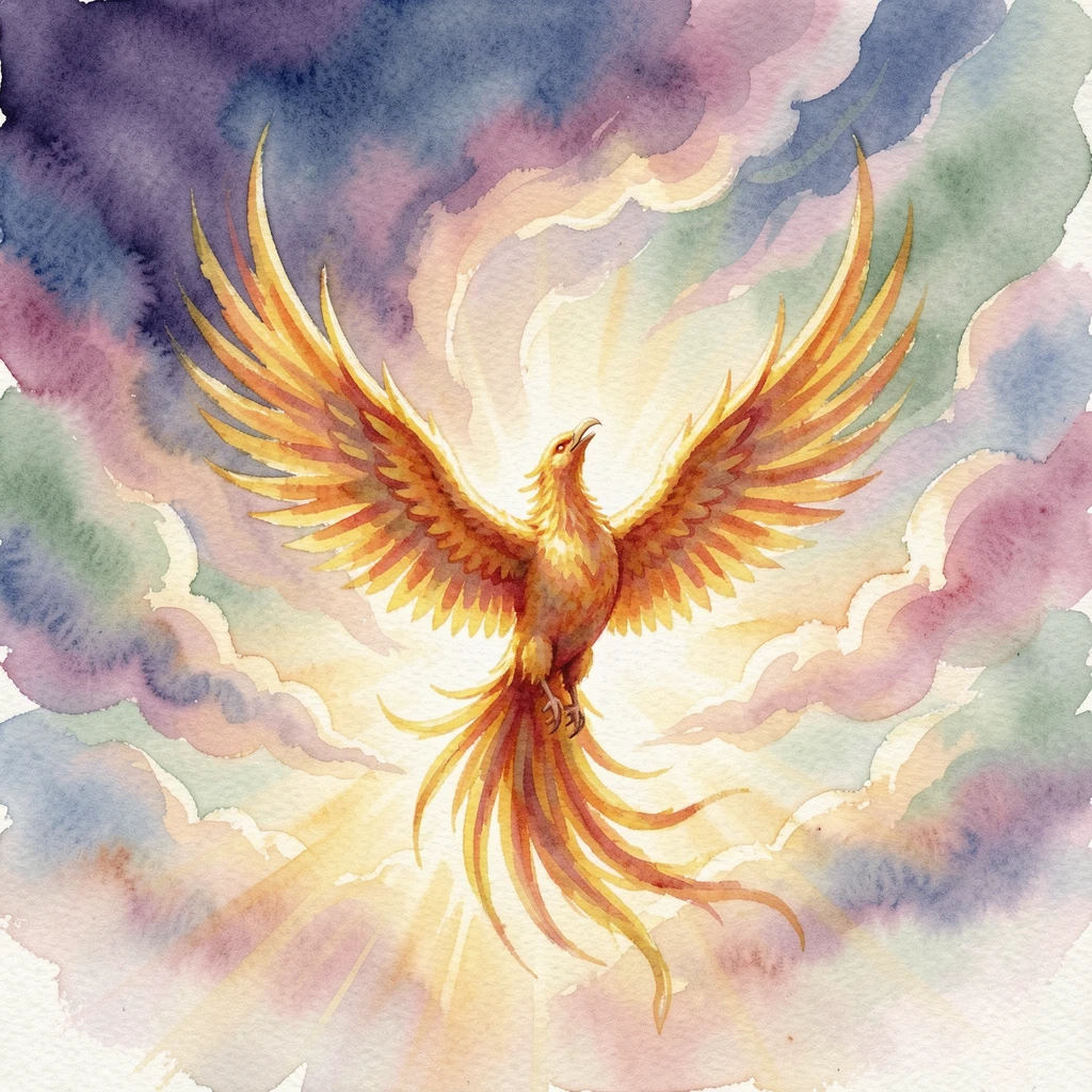 A phoenix rising in a burst of golden light under a sky full of swirling colors.