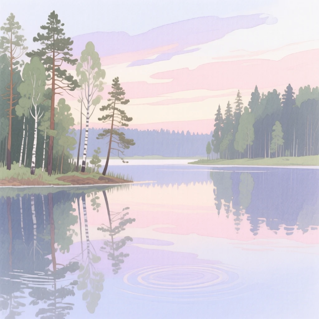 A serene view of a still forest lake, as calm waters reflect the sky above, evoking calm and quiet reflection