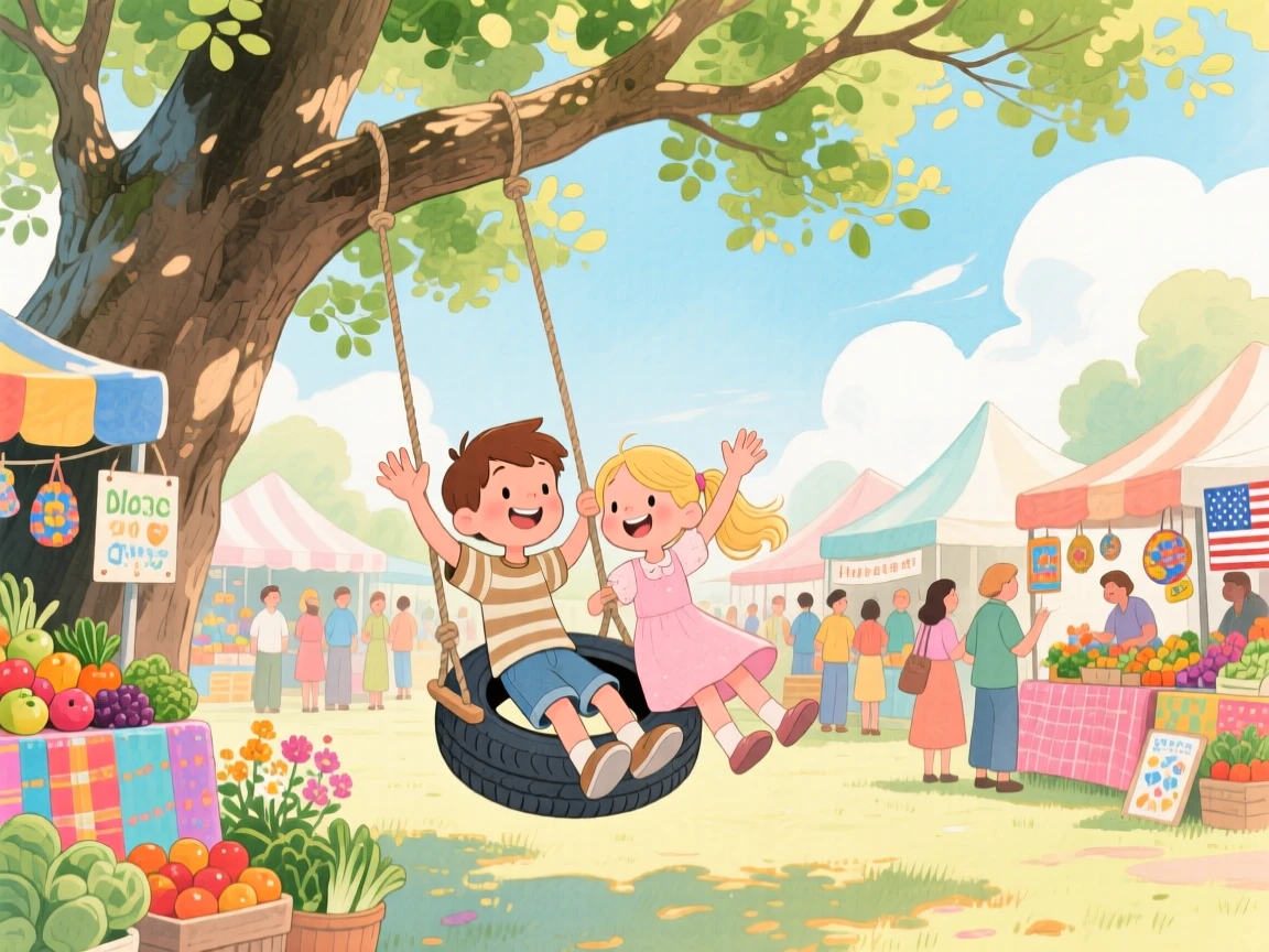 A pair of best friends, a boy and a girl waving from a tire swing hanging from an old oak tree, in a farmers' market bustling with color, showing the magic of a simple, joyful moment.