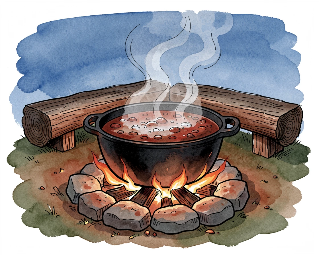 A pot of simmering stew bubbling over an open campfire, steam rising into the cool evening air