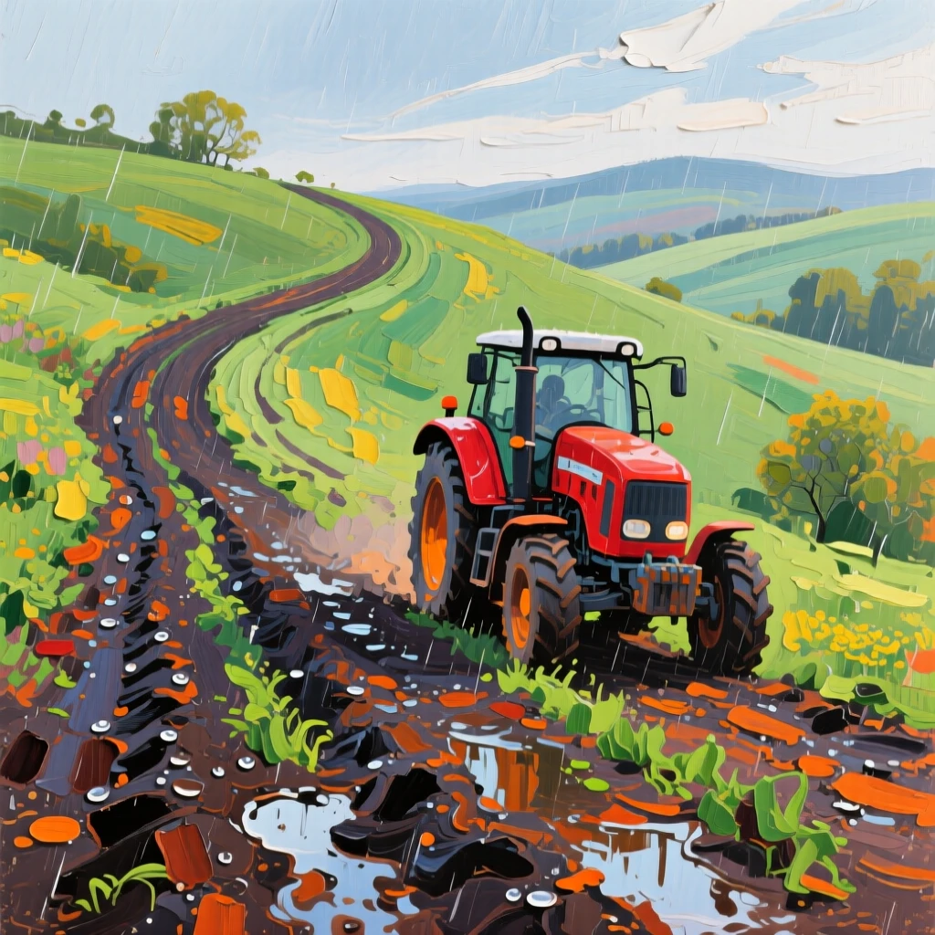 a tractor following curved rows on a hillside, after a light spring rain, composed along a natural leading line.