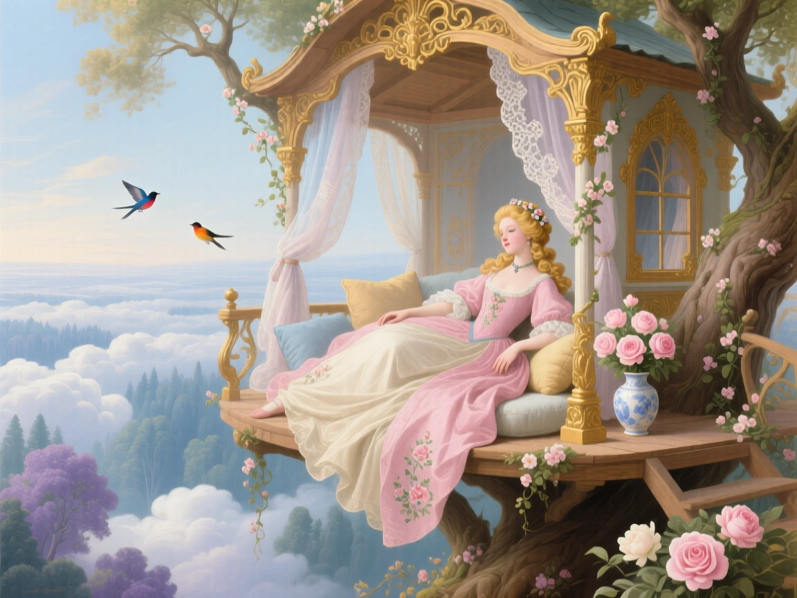 A princess resting in a treehouse palace above a forest of clouds  