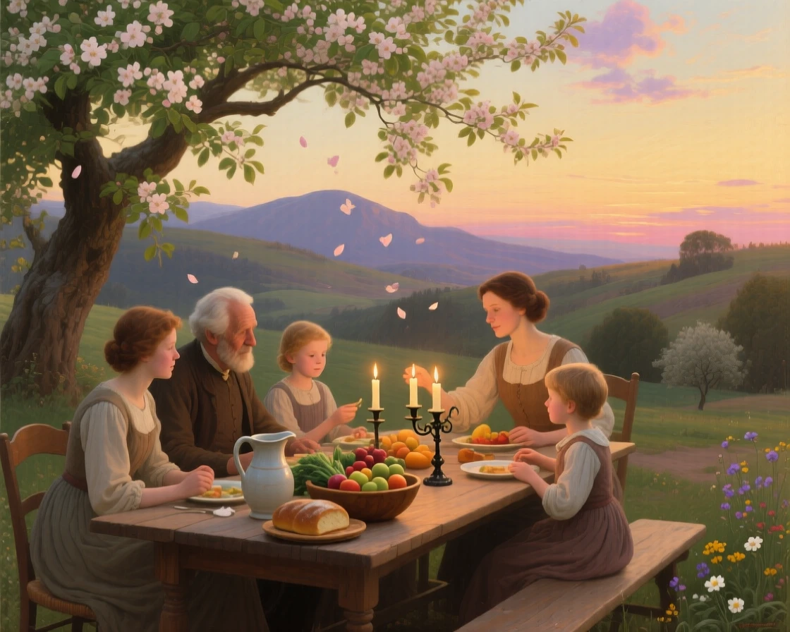 A family shares a meal beside a long table beneath an orchard tree as candles are lit for the evening.