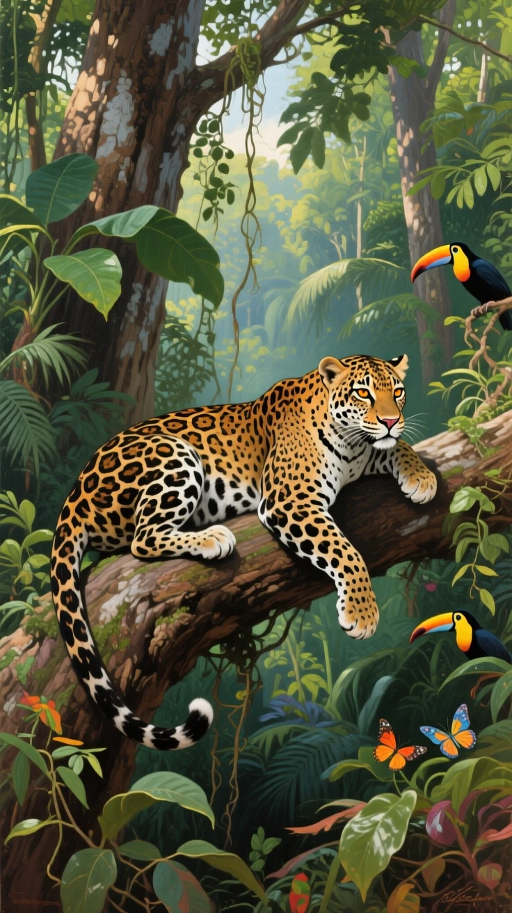 A jaguar resting on a thick tree branch deep in the Amazon rainforest, surrounded by the untouched beauty of its natural habitat, evoking deep respect for the power and grace of nature