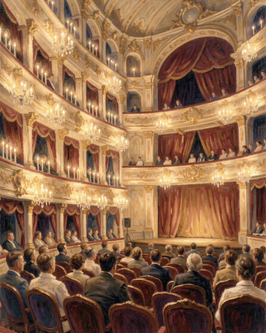A grand opera house interior glowing with candlelight before a nineteenth-century evening performance.