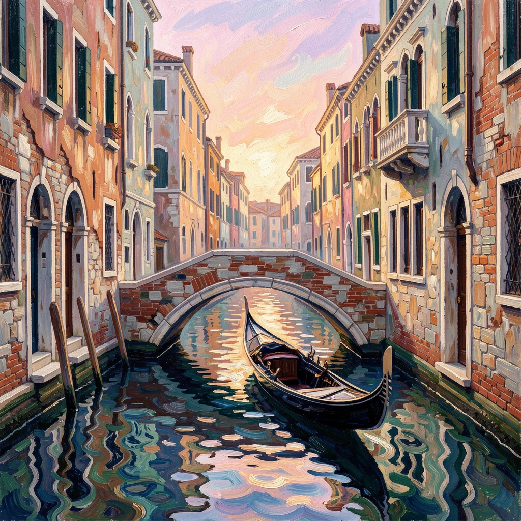 A quiet canal street in Venice at dawn, a gondola gliding beneath an old stone bridge.
