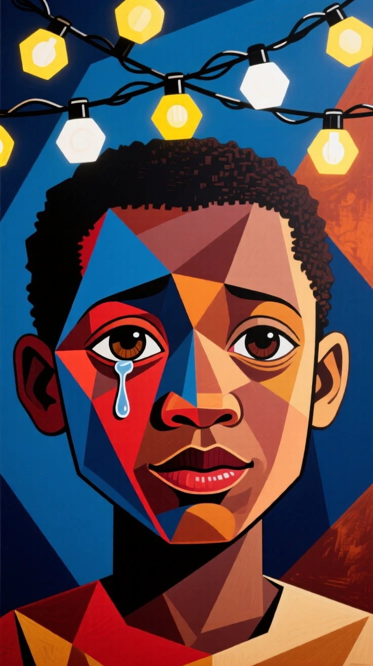 A close-up portrait of a young child of Nigerian heritage, holding back tears of joy, beneath a canopy of string lights.