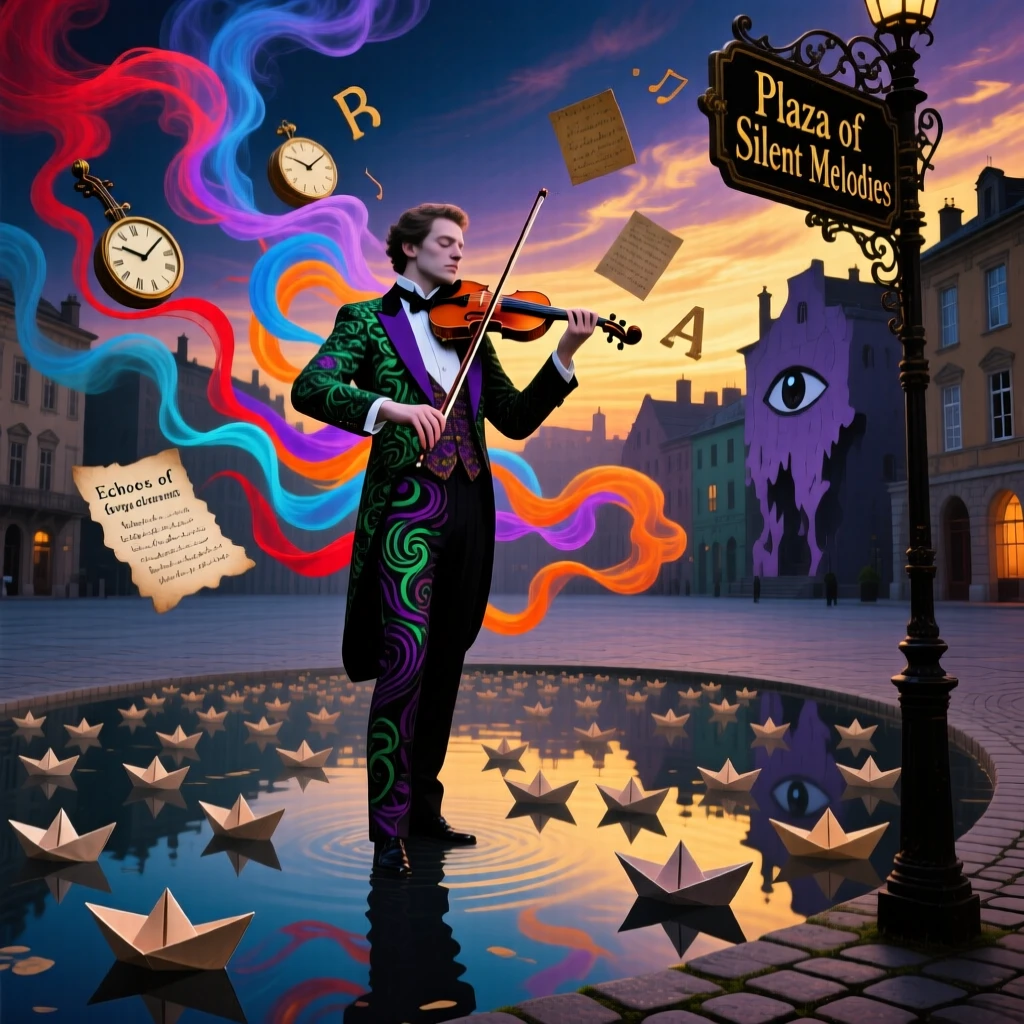 A violinist whose bow trails ribbons of colored smoke stands motionless at the center of a quiet plaza, as tiny paper boats drift past their feet.