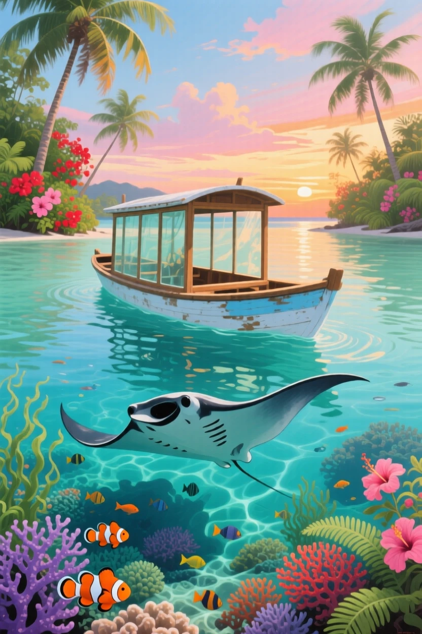 A serene overwater view in Fiji shows a manta ray gliding gracefully beneath a glass-bottom boat, coral gardens visible in the clear water below, as a light breeze stirs the surrounding vegetation and carries the scent of damp earth.