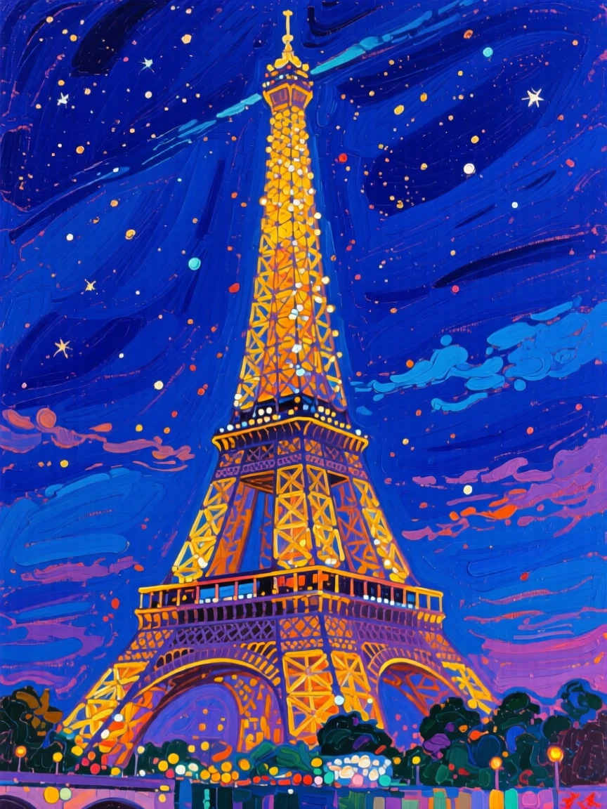 The Eiffel Tower sparkling with lights against a deep indigo Parisian sky at midnight