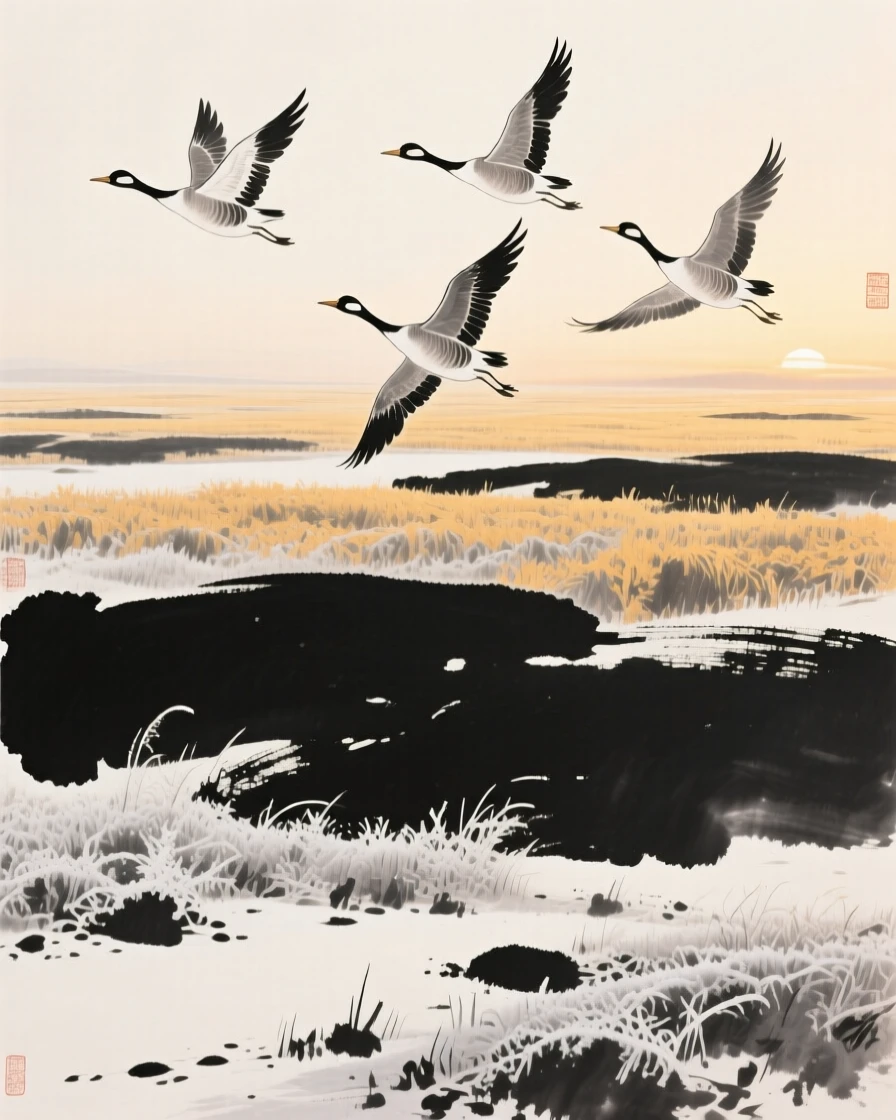 Wild geese take flight from a frost-covered field at dawn, above fields turning gold with the season.