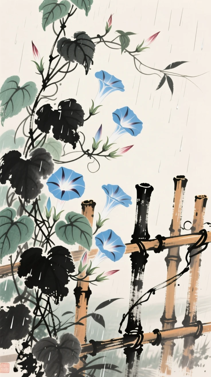 Morning glories climbing a bamboo fence in the early light, imbued with timeless calm, in a gentle drizzle, in the soft light of late afternoon.