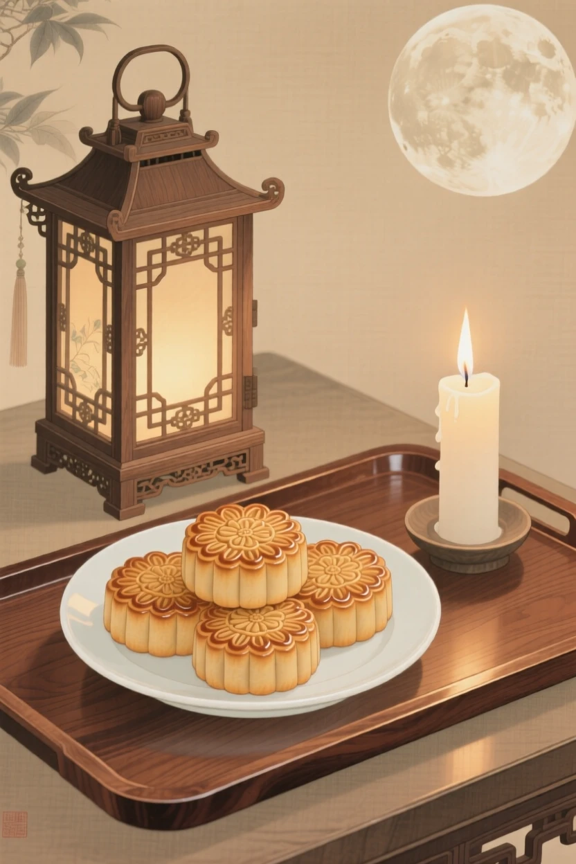 A plate of mooncakes arranged beside a small lantern on a wooden tray beside a lit candle