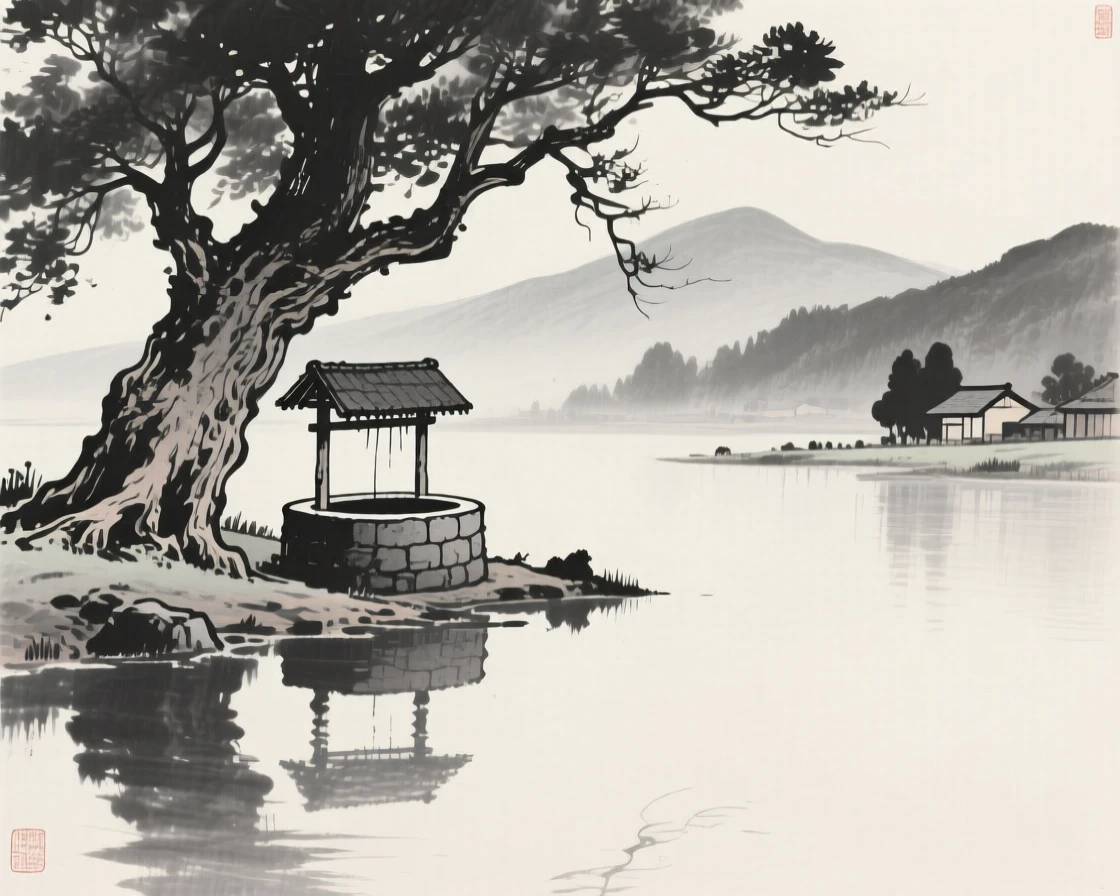 A quiet village well beneath an old tree against a backdrop of distant mountains, seen from across still water, reflected on the surface, conveying quiet reverence for the past.