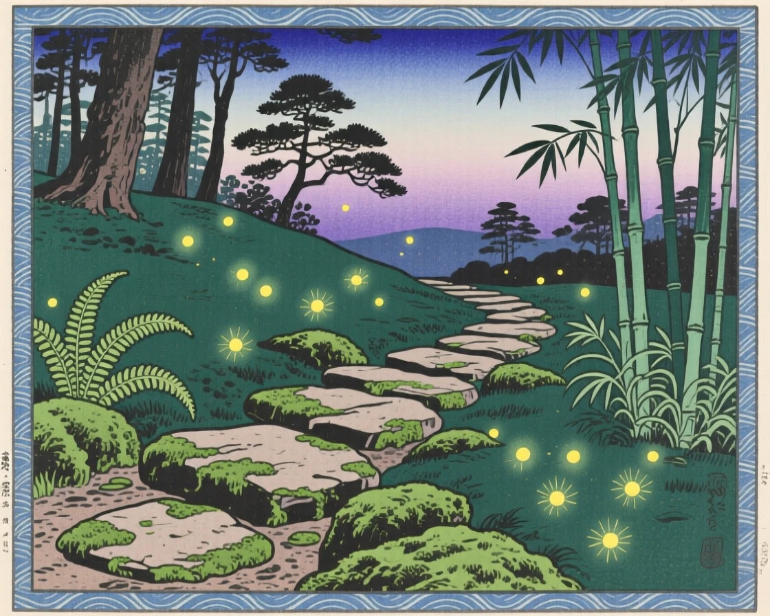 A moss-covered stone path, glowing softly with fireflies at dusk.
