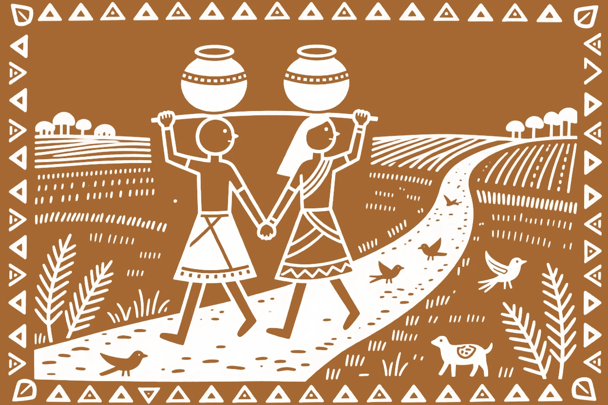 A newly married couple helping each other carry water home along a path leading to the fields.