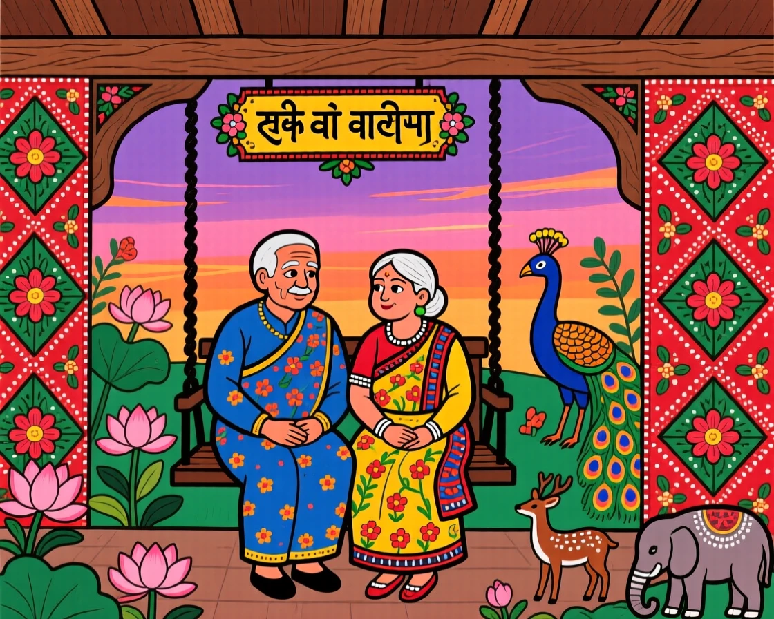An elderly couple sitting together on a porch swing at dusk.
