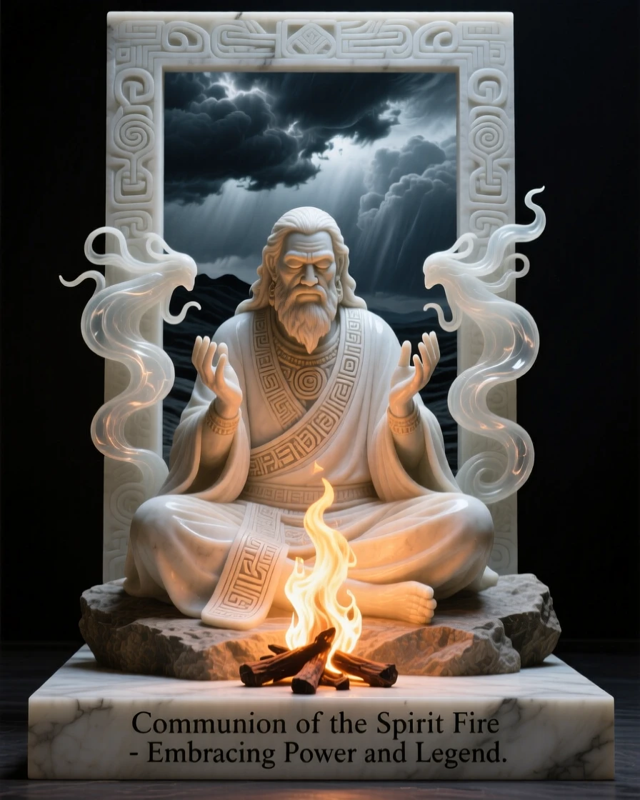 A shaman communing with spirits in firelight, framed by dramatic storm clouds, radiating power and legend