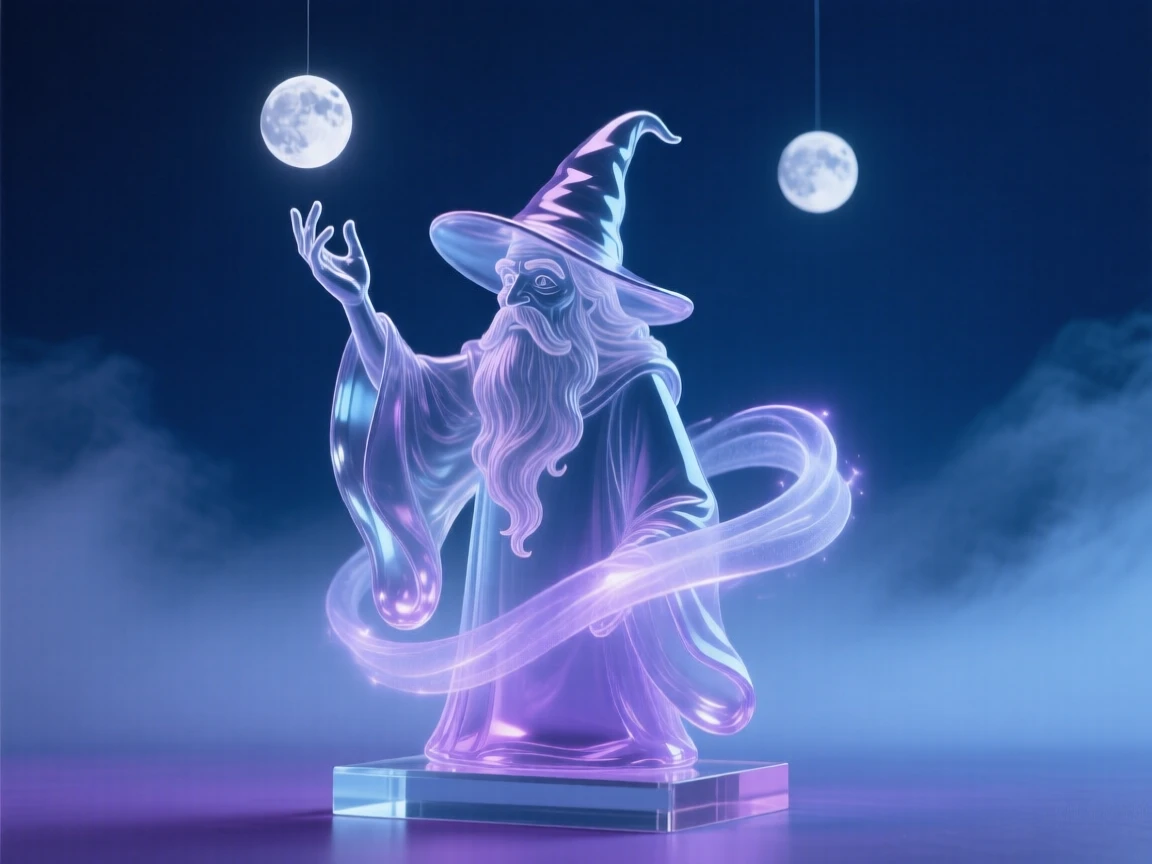 A wise old wizard casting a glowing spell under a twilight sky filled with two moons, atmospheric fog rolling through the scene, feeling mysterious and enchanting.