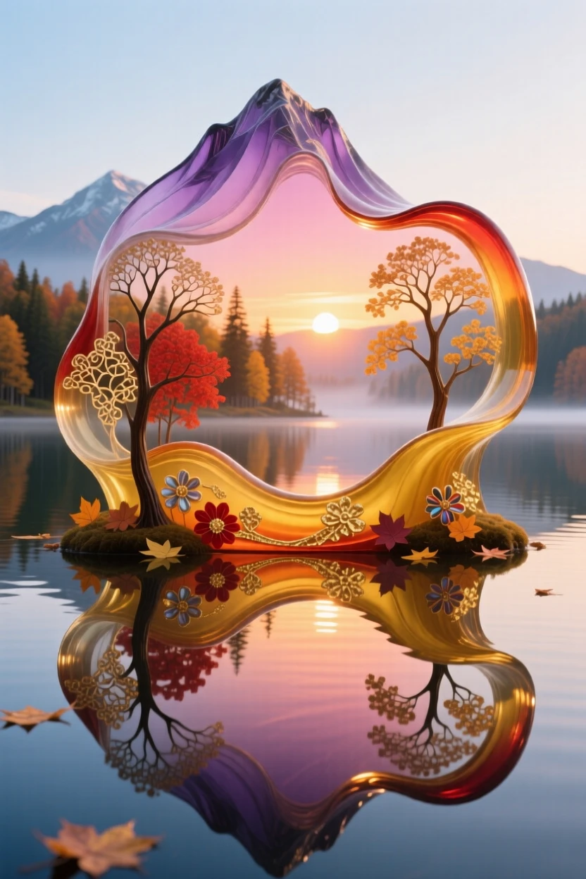 A quiet lake perfectly mirroring an autumn forest and mountain at sunrise, tranquil and symmetrical.